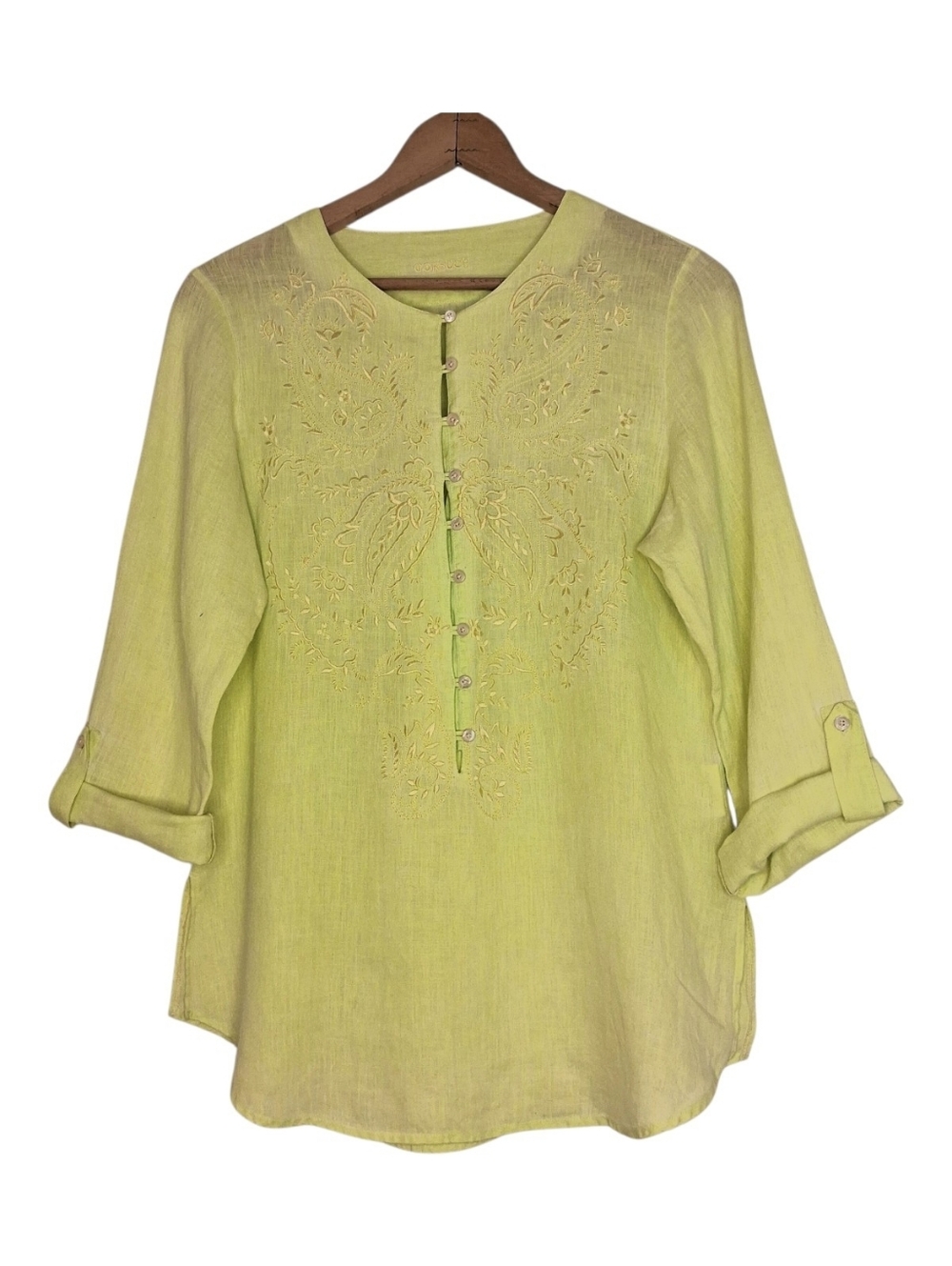 Gorsuch Embroidered Linen Tunic Blouse Top Tab Sleeve Sz EU 40 US Med Chartreuse